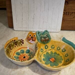 Vintage handpainted olive dish kitty cats